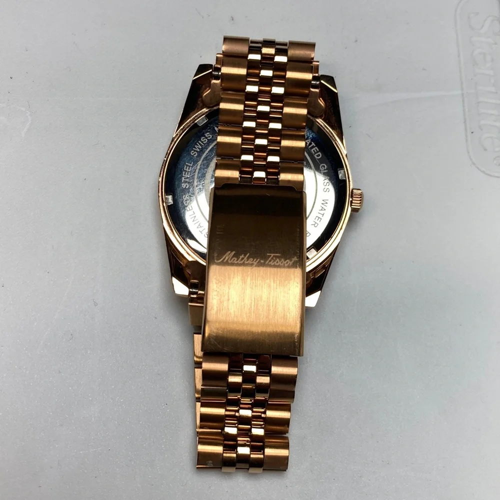 Mathey Tissot H709 rose gold tone, white textured dial, new battery, stainless